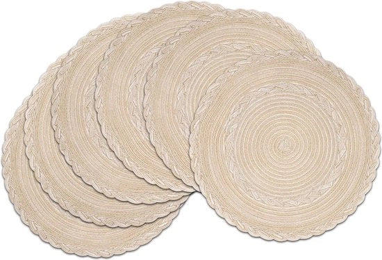 Set di 6 placemats in cotone beige a forma rotonda intrecciata - lavabile e resistente al calore - 38 cm per tavolo da pranzo, cucina, matrimonio e festa.