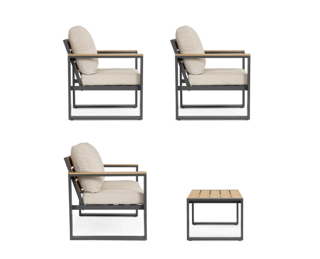 Set 4 Pezzi Salotto da Giardino con Divano 2 Poltrone e Tavolino in Alluminio e Polywood Leandro Antracite e Beige