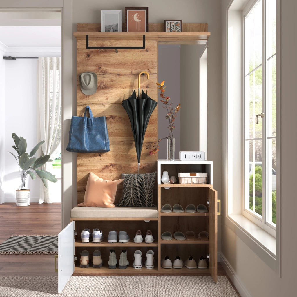 OKWISH Mobile da ingresso con specchio, panca, 2 vani portascarpe e 4 ganci, MDF, bianco e legno, 105x40x190,5 cm