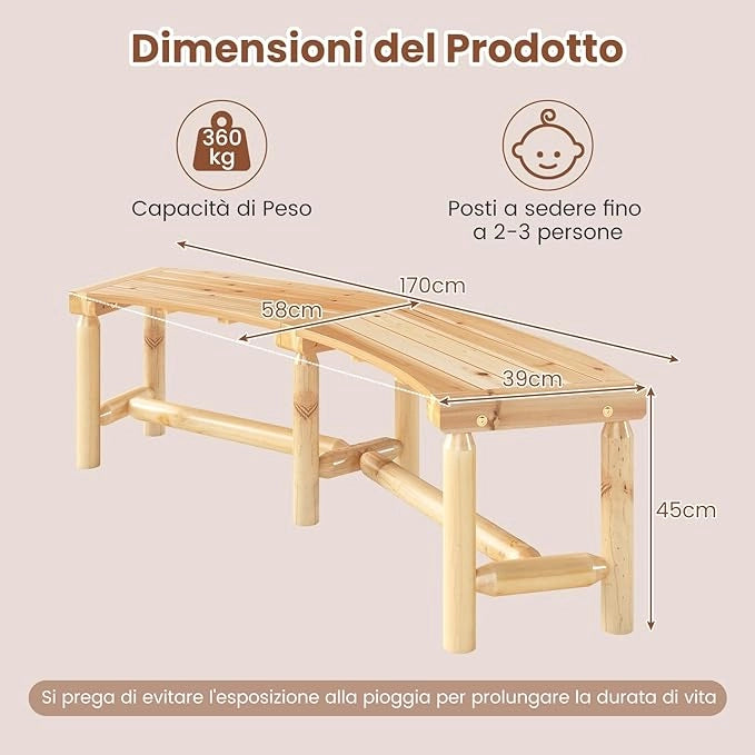 Panchina Curva da Patio, Panchina di Legno Massello per 2-3 Persone, Panca da Fuoco Senza Schienale per Esterni, Giardino e Bordo Piscina, Portata 360 kg (Naturale)