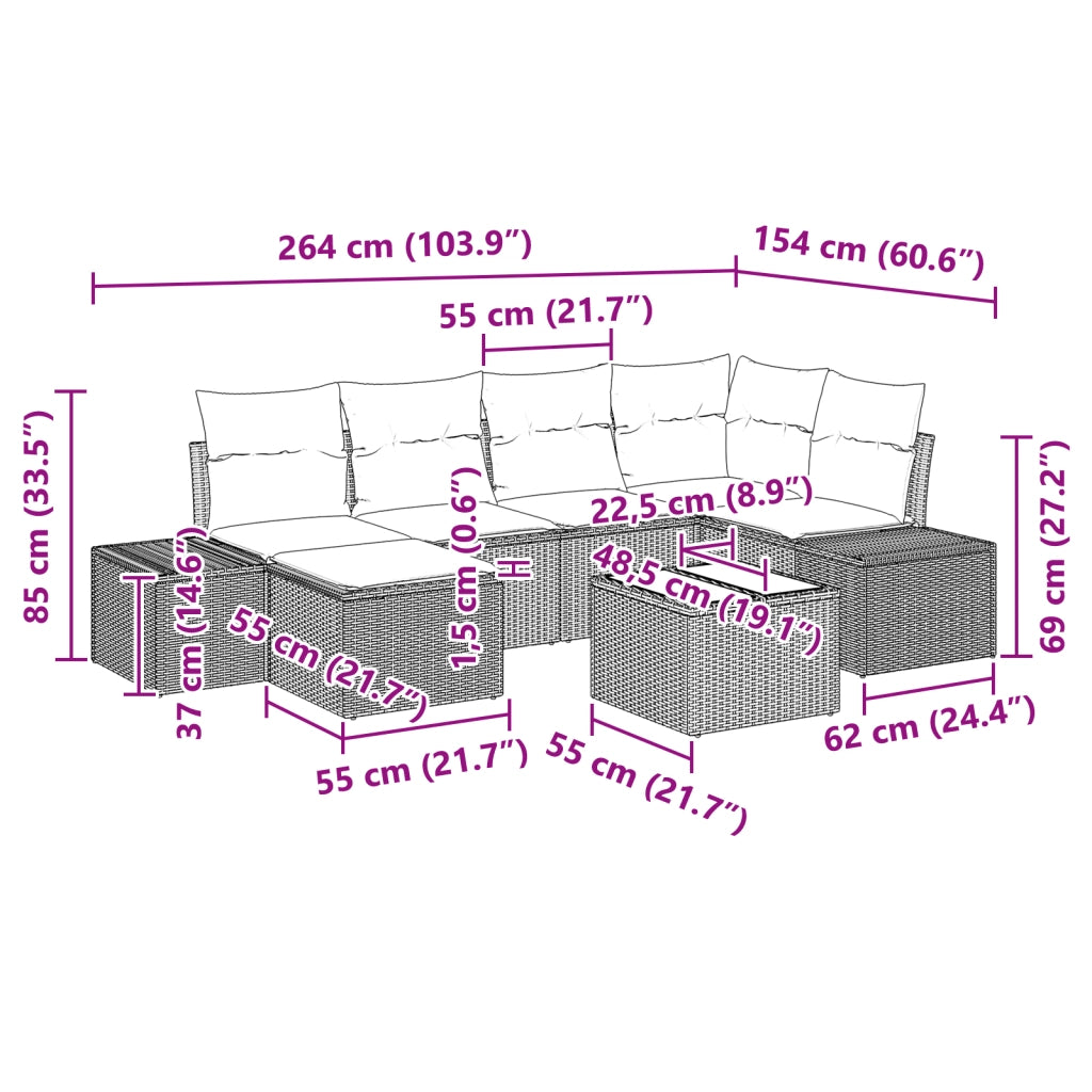 Set Divano da Giardino in 7 Pezzi con Cuscini Rattan Nero