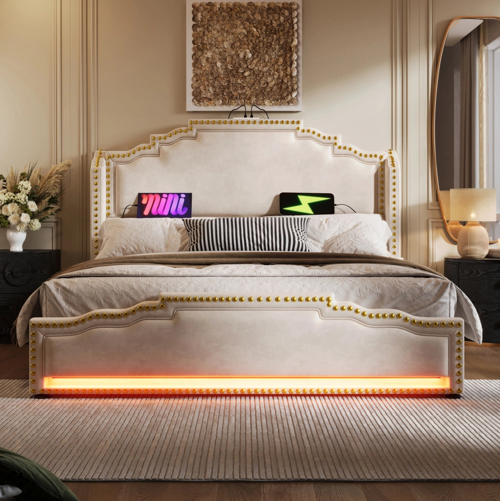 Letto matrimoniale 140x200 cm in velluto beige con LED; porte USB Type-C e 4 cassetti; con materasso