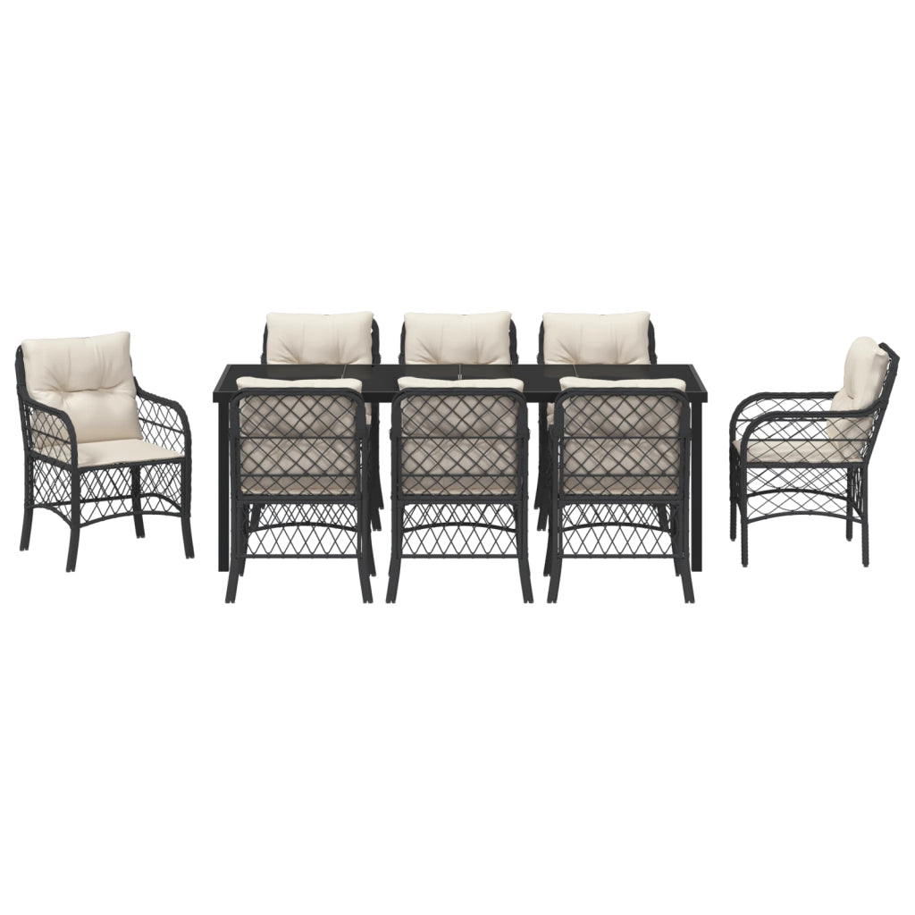 Set da pranzo da giardino da 9 pezzi con cuscini Nero Polyrattan