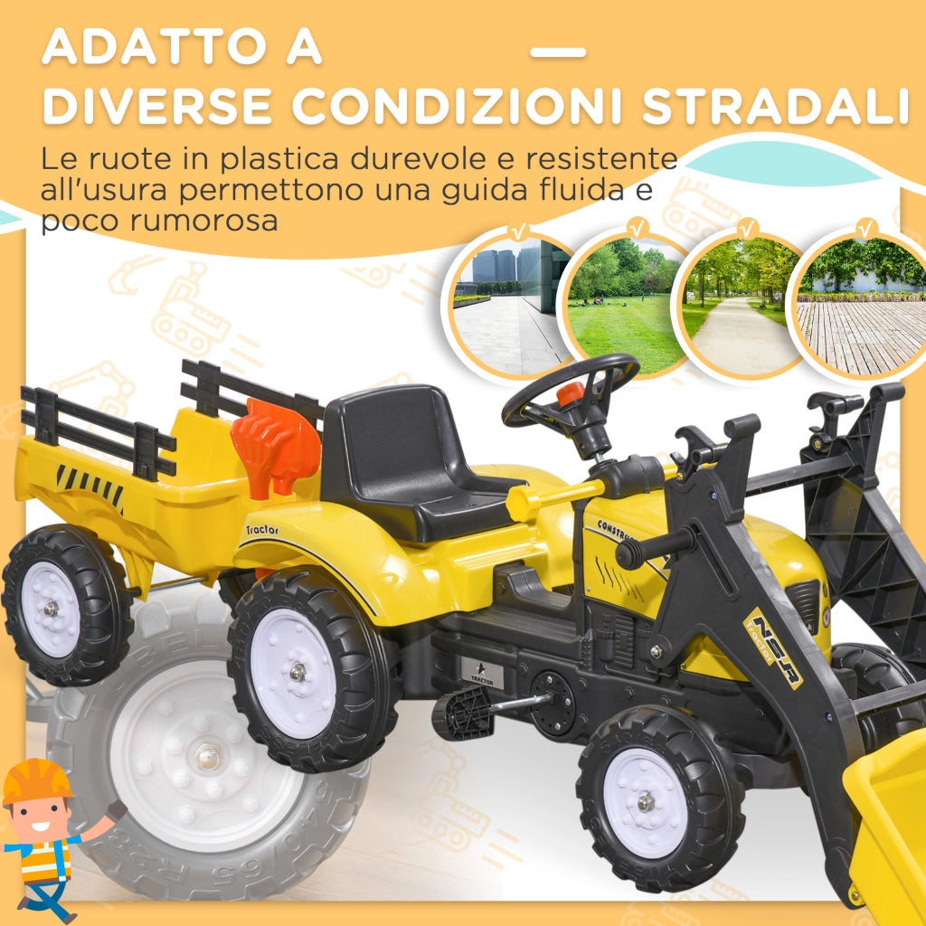 Escavatore a Pedali per Bambini da 3 Anni con Ruspa Frontale, Rimorchio e 6 Ruote, Giallo