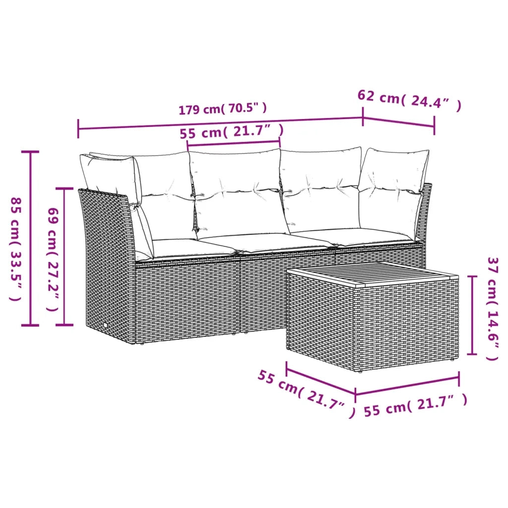 Set Divano da Giardino 4 pz con Cuscini Beige in Polyrattan