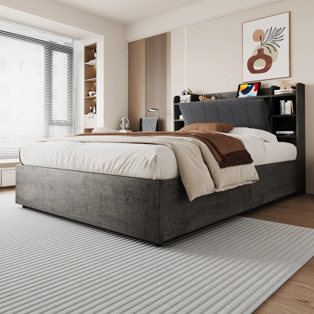 Letto Contenitore Letto Singolo 180 x 200 cm con USB; Type-C e Testiera con Ripiani; Grigio