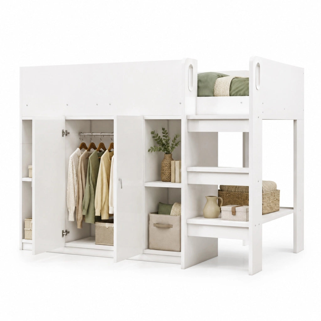 LETTO A CASTELLO 90 x 200 cm con scala, armadio e ripiani, bianco