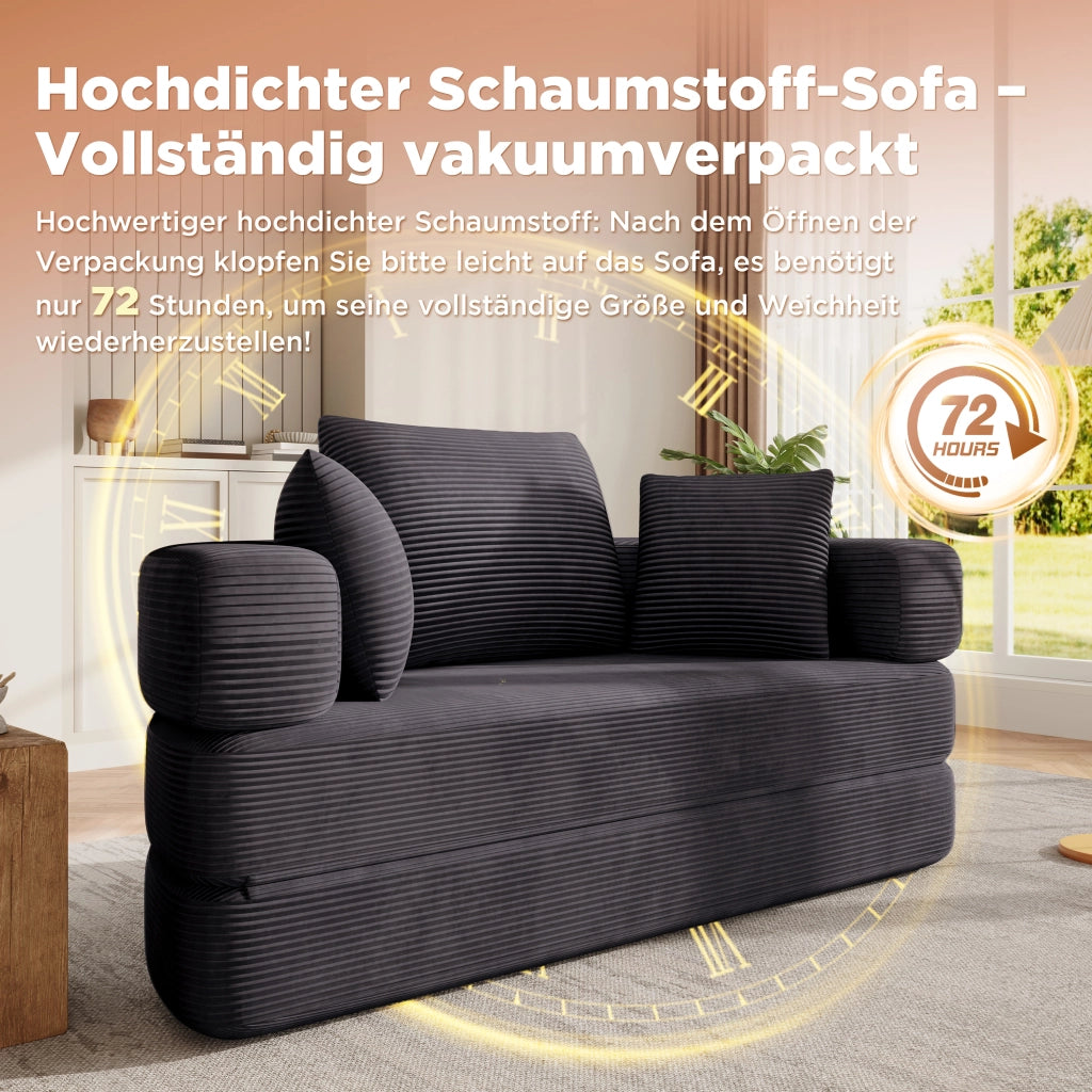 Divano letto pieghevole senza molle in velluto a coste con 3 cuscini e schienale alto nero 173 × 176 cm