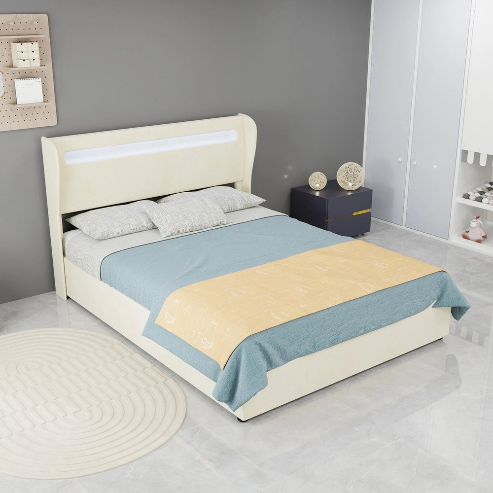 Letto Contenitore Imbottito con Testiera LED ¨C MINIMAL ¨C Velluto Beige 140x200