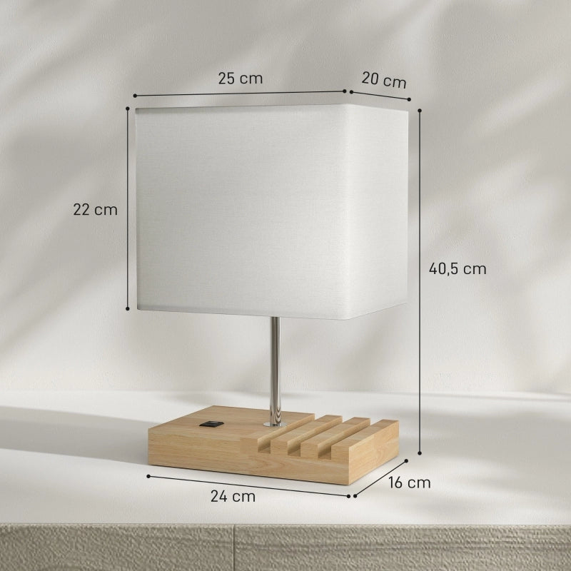 Lampada da comodino, porte USB, legno, tessuto, interruttore a bilanciere, vani portaoggetti, bianco