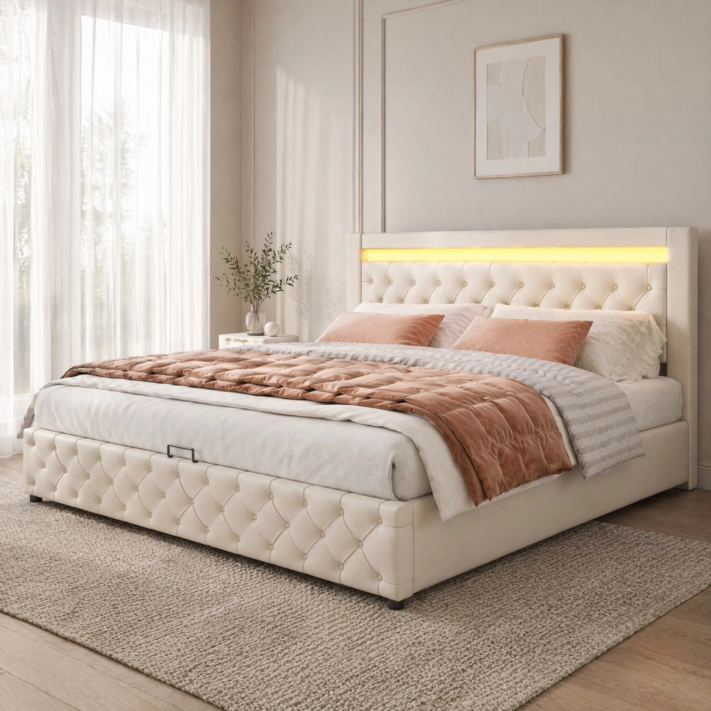 Polsterbett 180x200 cm con contenitore; LED; rete a doghe; PU bianco