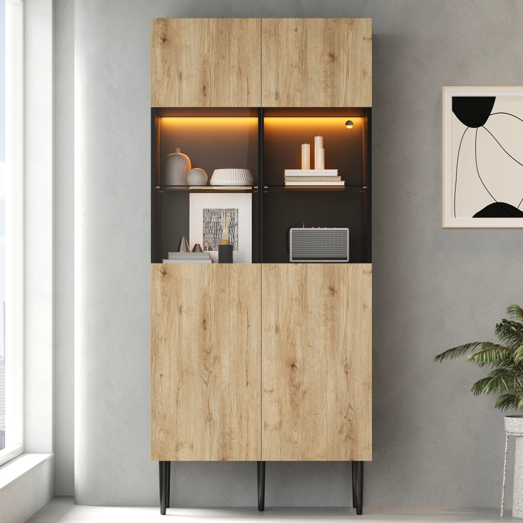 Vetrina con 2 ante e 10 vani; LED - per soggiorno - 80x35x180 cm - nero e naturale