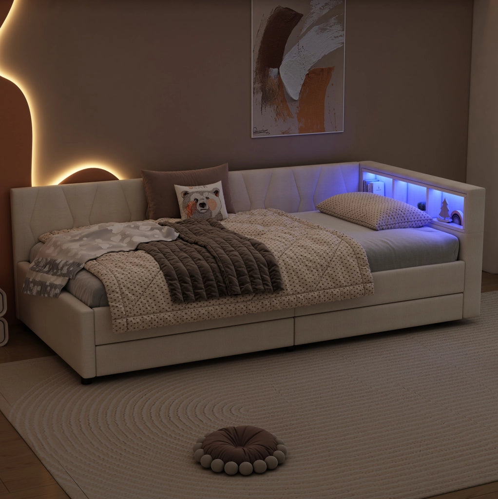 Divano letto daybed 90x200 cm in lino beige con LED; USB tipo C; 2 cassetti e vani portaoggetti
