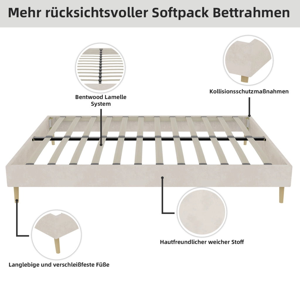 Letto per adulti 160 × 200 cm con struttura stabile, senza materasso, in tessuto e metallo, beige moderno