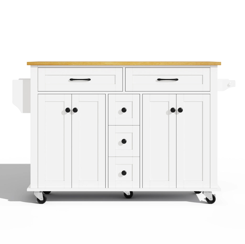 Carrello cucina 140x40(65)x89 cm con piano estraibile e 5 ruote in MDF bianco e naturale