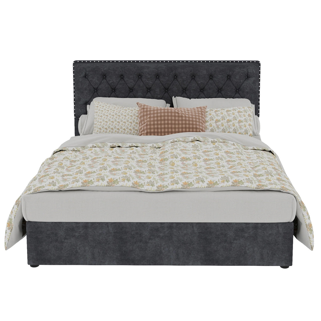 Letto Contenitore Imbottito ¨C MINIMAL ¨C Grigio 140x200 con Testiera, Doghe e Sollevamento Idraulico