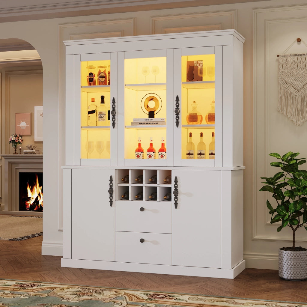 Vetrina con 2 cassetti 4 ante e 8 portabottiglie con LED per soggiorno e sala da pranzo in bianco 130 × 37,5 × 170,5 cm