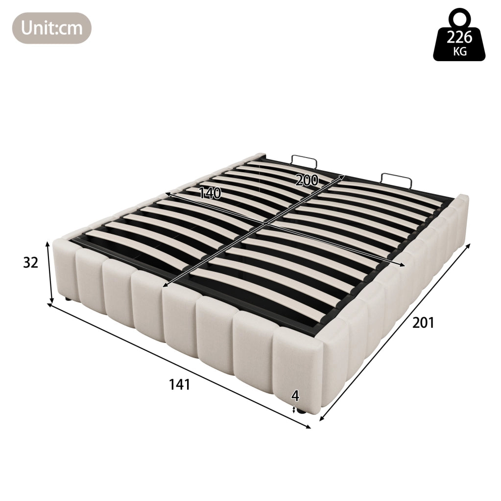 Letto imbottito 140x200 cm con contenitore idraulico, senza testata, beige