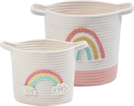 Tessuto di cotone per bambini con maniglia e cassetto, 2 pezzi, con decorazione arcobaleno, bianco