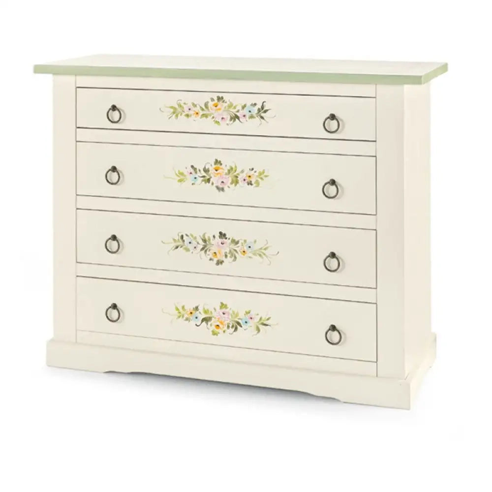 Comò 4 cassetti in stile arte povera in legno massello e mdf con rifinitura in bianco lucido con decorato 115x50x90 H