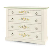 Comò 4 cassetti in stile arte povera in legno massello e mdf con rifinitura in bianco lucido con decorato 115x50x90 H