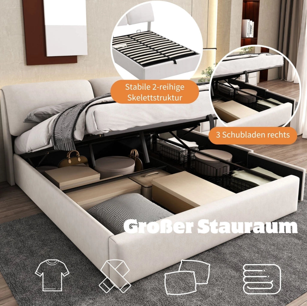 Letto imbottito in velluto beige 140 x 200 cm con contenitore e 3 cassetti