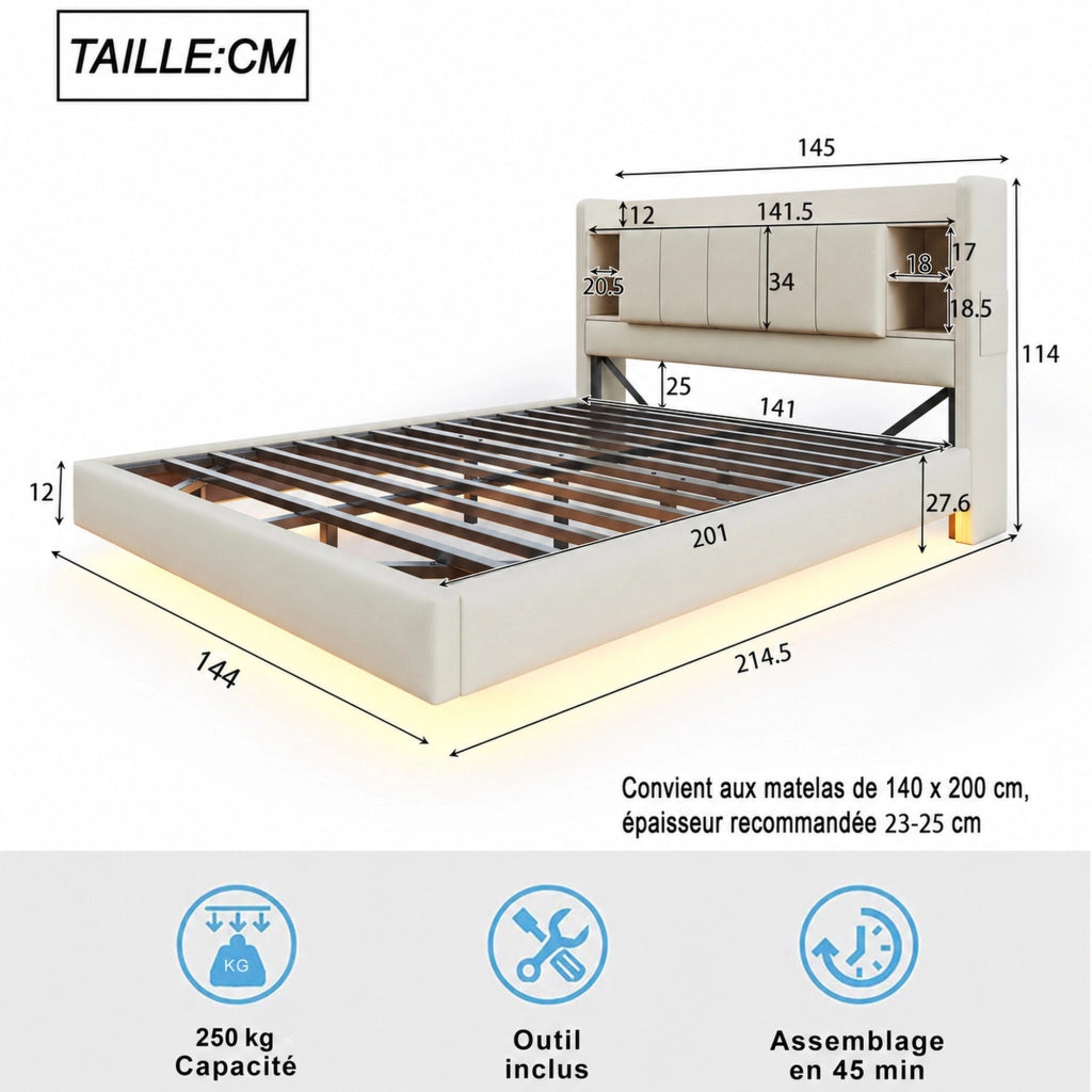 DESMIU Letto contenitore 140 × 200 cm 2 posti con LED, USB, ripiani e vani, senza materasso, beige