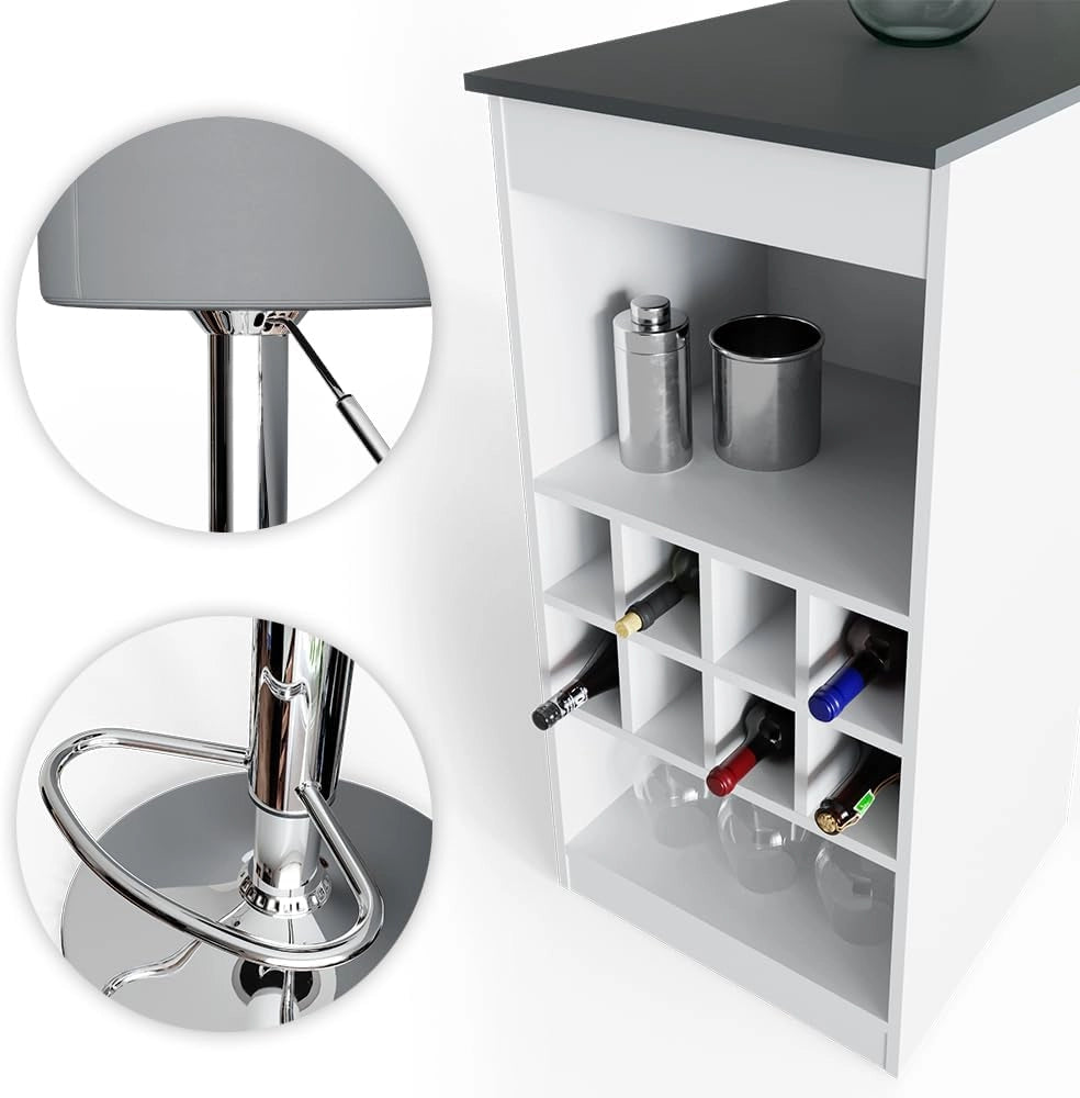 Tavolo bar con sgabelli Ross, Bianco/antracite, 115 x 50 cm con 2 sgabelli da bar, adatto come tavolo da pranzo o in piedi con vani a giorno