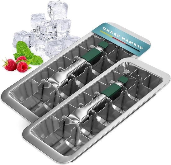 Set di 2 blocchi di ghiaccio in forma di cubo in acciaio inox 18/8 liscio con funzione di pompa a manovella e maniglia comoda - amichevole con il freddo - adatto per alimenti.