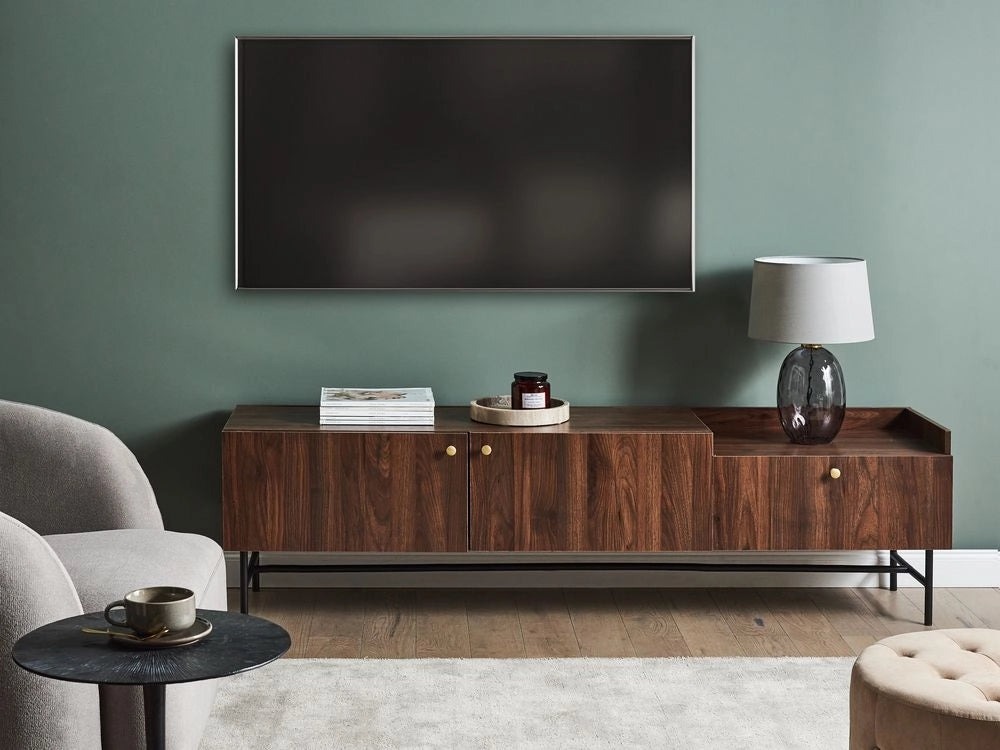 Porta TV Legno scuro Truciolato Gambe in metallo Mobile TV Credenza con 2 ante e cassetto Stile tradizionale retrò