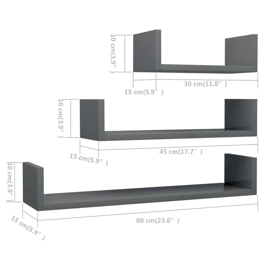 Mensole a Muro 3 pz Grigio Lucido in Legno Multistrato 800206