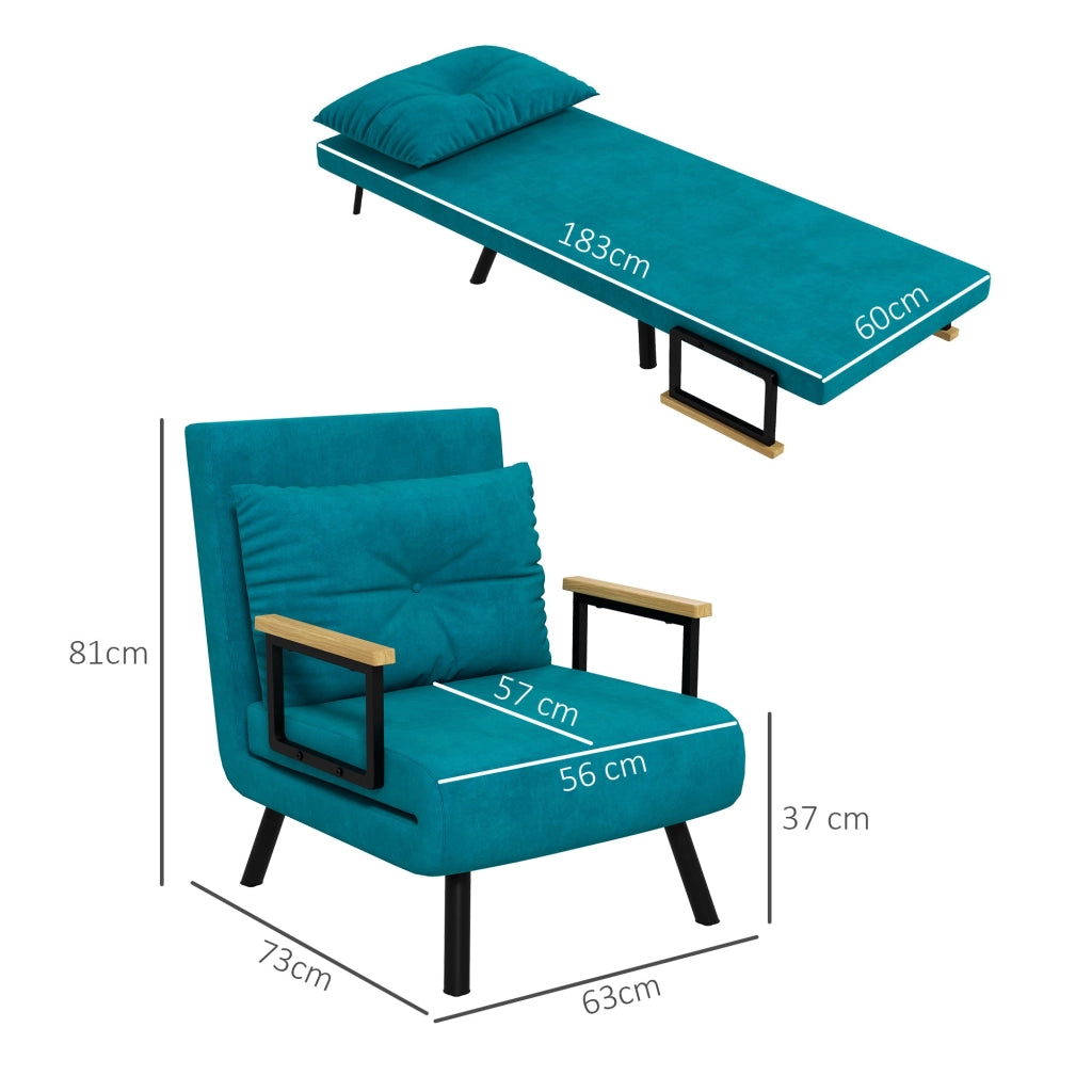 Poltrona Letto Singolo Reclinabile con Cuscino Sfoderabile in Tessuto Effetto Lino Blu Scuro