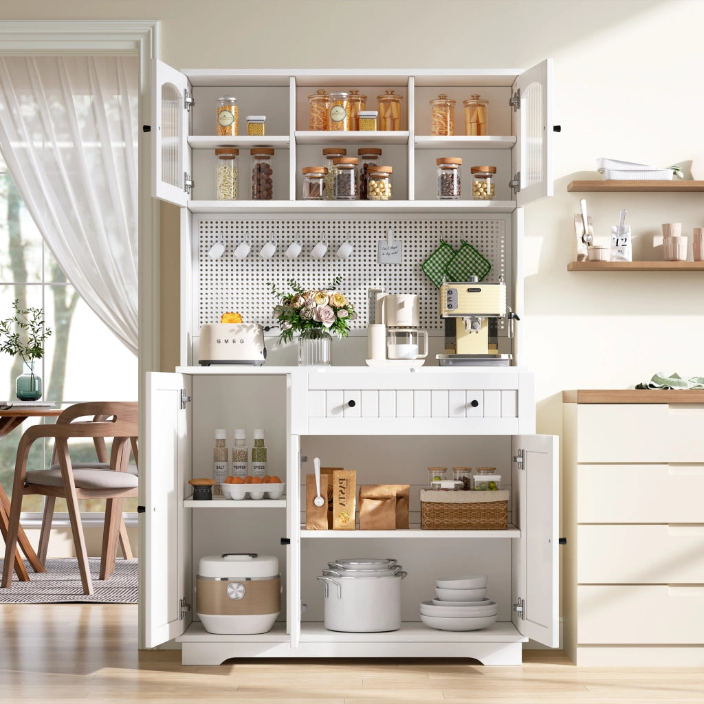 Credenza alta con vetrina e ripiani regolabili per cucina in truciolare bianco 103,5 × 40 × 180 cm
