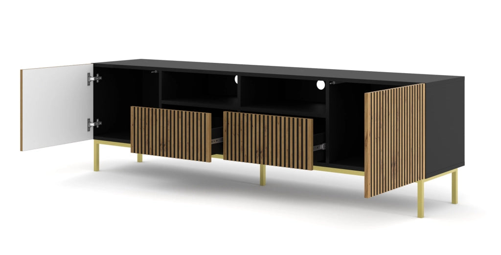 MOBILE RAVENNA F PORTA TV IN MDF VERNICIATO 2D2S 200 NERO OPACO ROVERE ARTIGIANALE STRUTTURA ORO