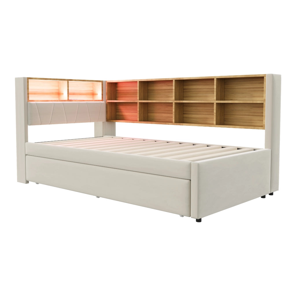 Divano letto multifunzione 90x200 cm con letto estraibile 90x190 cm, LED, prese multifunzione e vani contenitore, beige