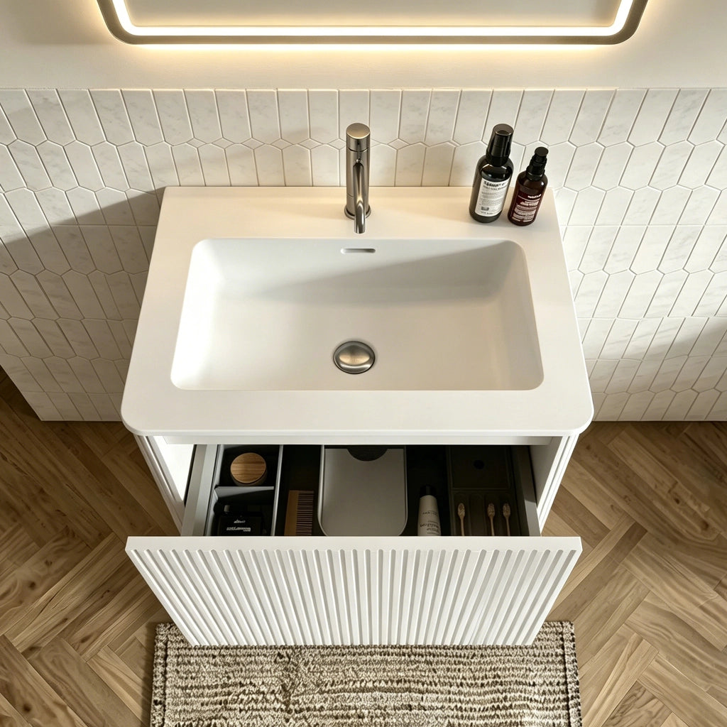 Armadietto da bagno moderno con specchio LED, mobile sospeso sottolavabo, lavabo e colonna laterale, bianco