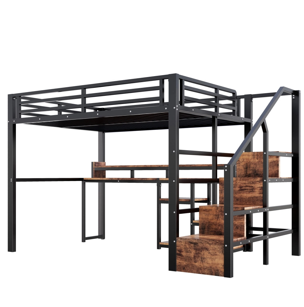 Letto a soppalco 140x200 cm in metallo nero con armadio scala, LED e USB-C HAVRYA