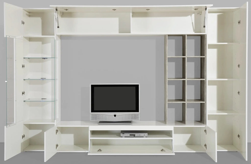 Parete attrezzata con porta TV pensile vetrina colonna bianco grigio Egypt Report