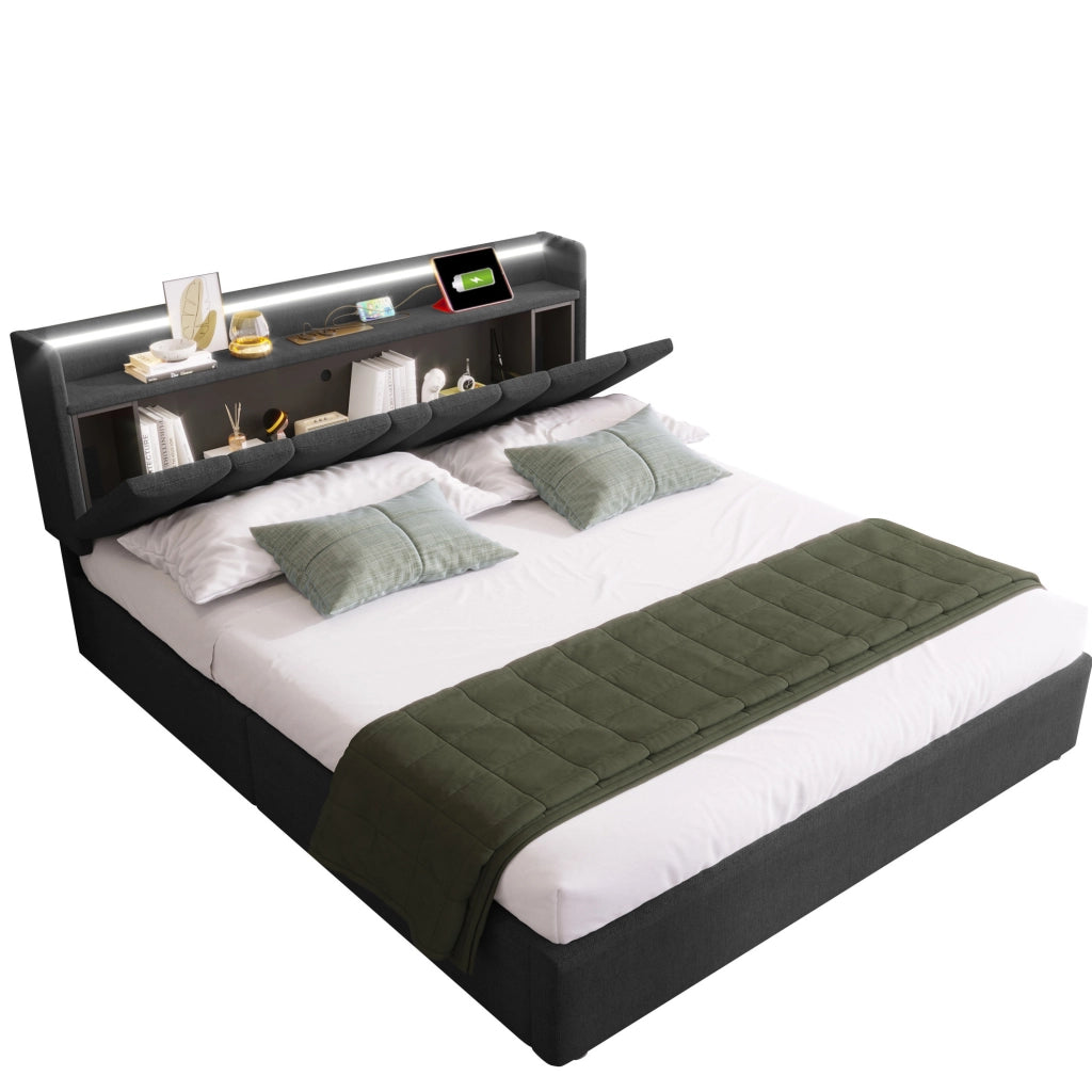 Letto matrimoniale 160x200 cm con LED, USB e contenitore