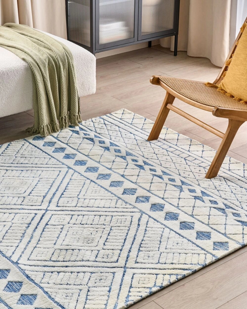 Tappeto moderno in poliestere e cotone decorativo bianco e blu 160 x 230 cm camera da letto soggiorno