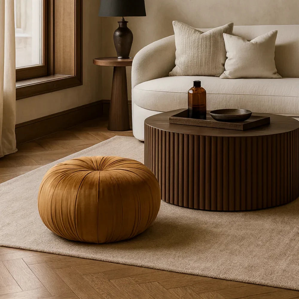 Pouf rotondo in velluto Mila arancione imbottito design moderno | Duzzle