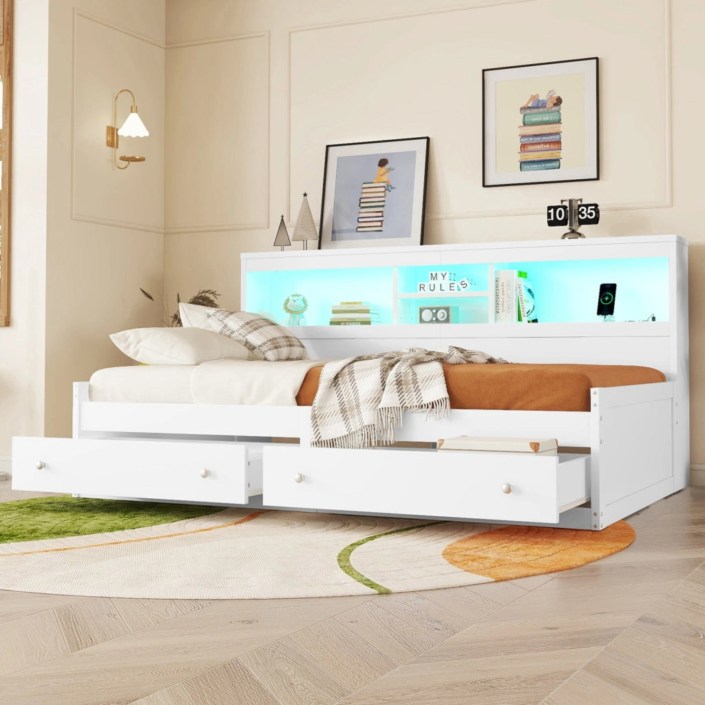 LETTO Daybed 90x200 cm con 2 cassetti, USB e LED Bianco