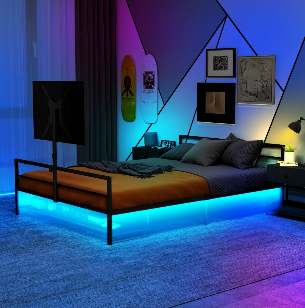 Letto in ferro nero con supporto monitor regolabile; LED e cestino portaoggetti