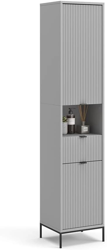 Armadio per il bagno Eliza, Grigio, 40 x 190 cm con ante e cassetto, per la conservazione di accessori da bagno e combinabile con la serie Eliza