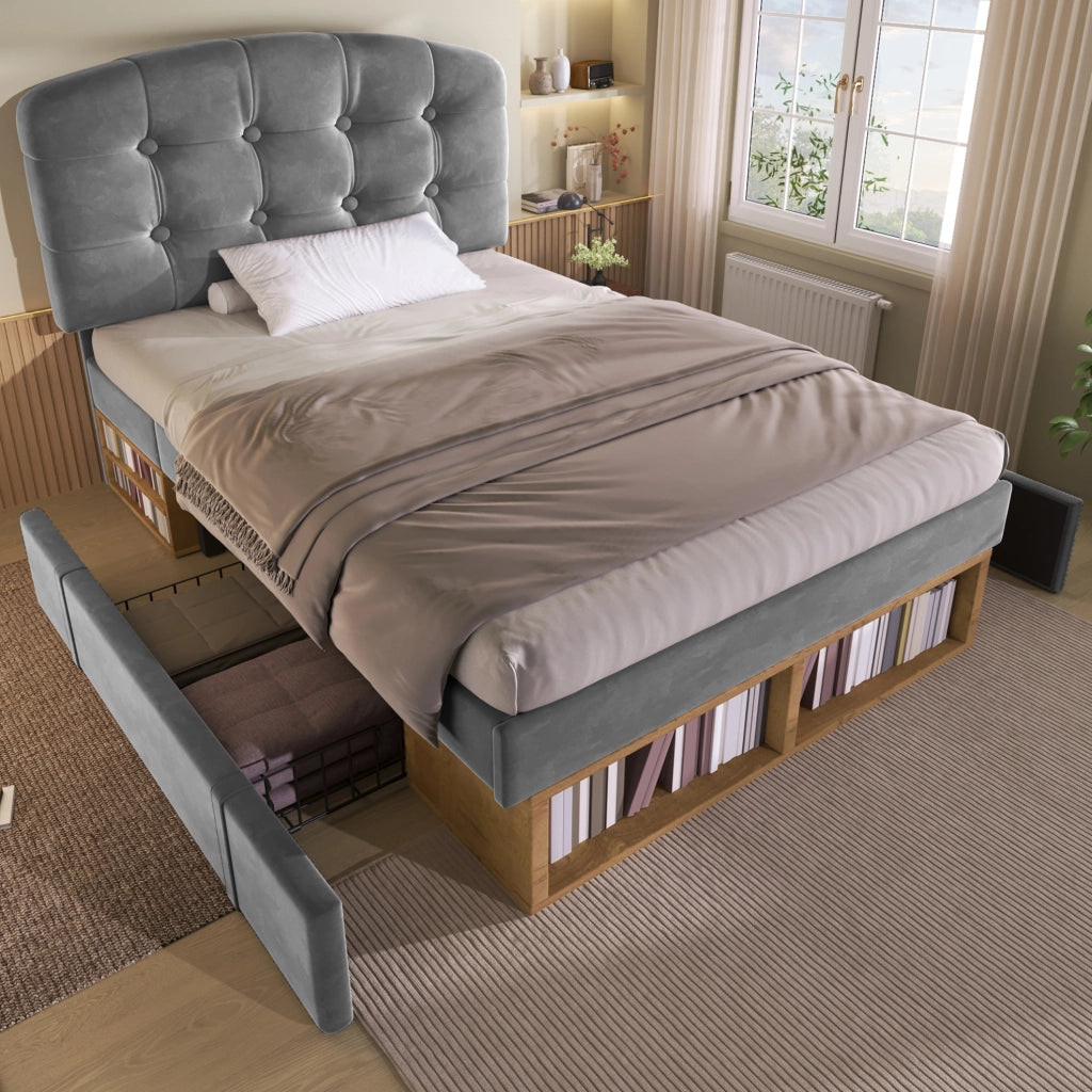 Letto singolo 90x200 cm in velluto grigio con cassetti