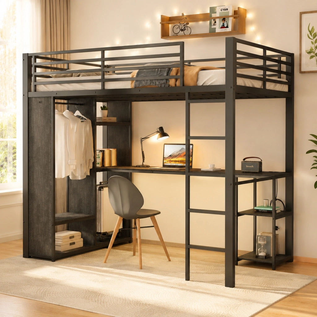 Letto a Soppalco 90x200 cm, con Scrivania, LED, Presa USB, Scaffali e Armadio