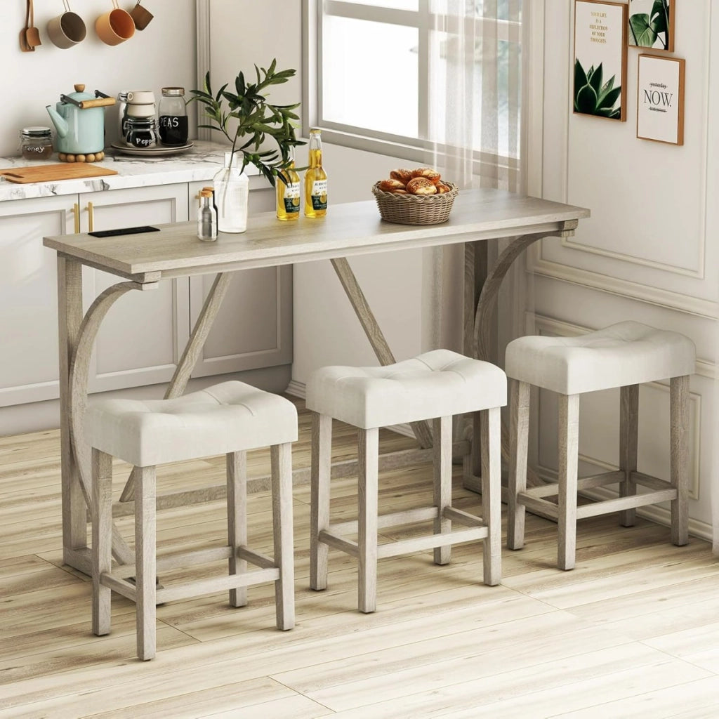 Set tavolo da bar 4 pezzi con presa di corrente, Tavolo da bistro altezza bancone e sgabelli imbottiti a sella Grigio + Beige-Tavoli e sedie da pranzo