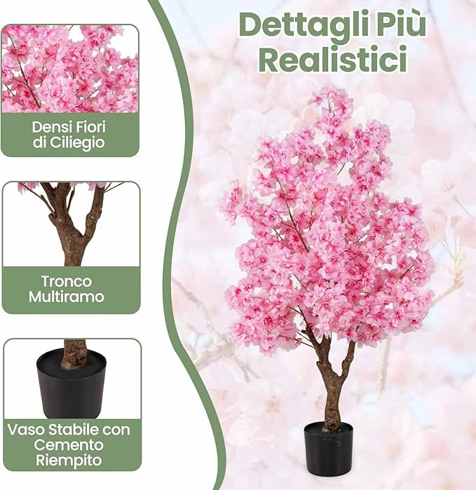 Albero di Ciliegio Artificiale da 118 cm con Fiori Rosa, Tronco PE Multiramo e Base Riempita di Cemento, Pianta Finta da Interno ed Esterno in Vaso per Ufficio, Casa, Matrimonio