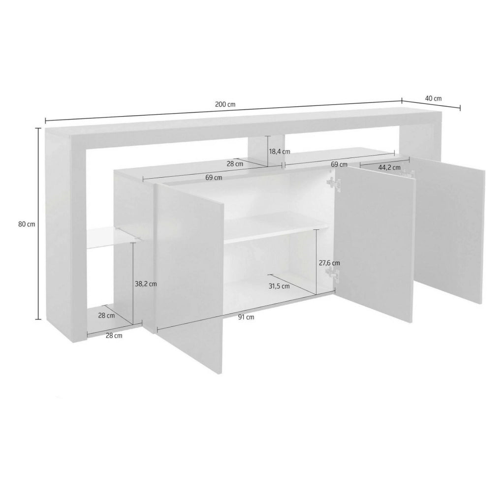 Credenza Andale, Buffet da soggiorno a 3 ante, Madia da salotto, Credenza moderna, 100% Made in Italy, 200x40h80 cm, Bianco lucido