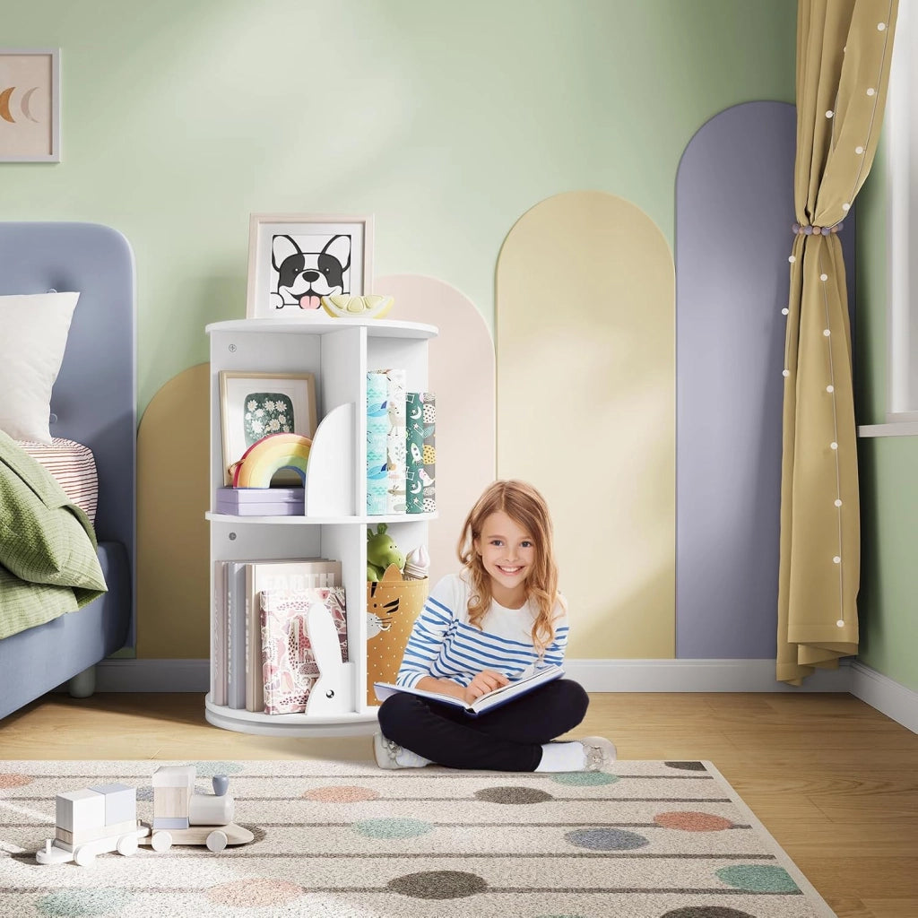 Libreria Rotante per Bambini a 2 Livelli, Porta Libri Girevole, Bianca per Soggiorno, Studio, Ufficio, Scaffale in Legno Autoportante